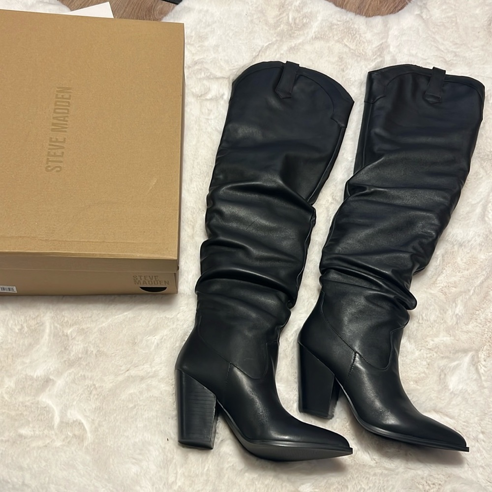 Steve Madden Landy Black Leather Over the Knee Western Boots